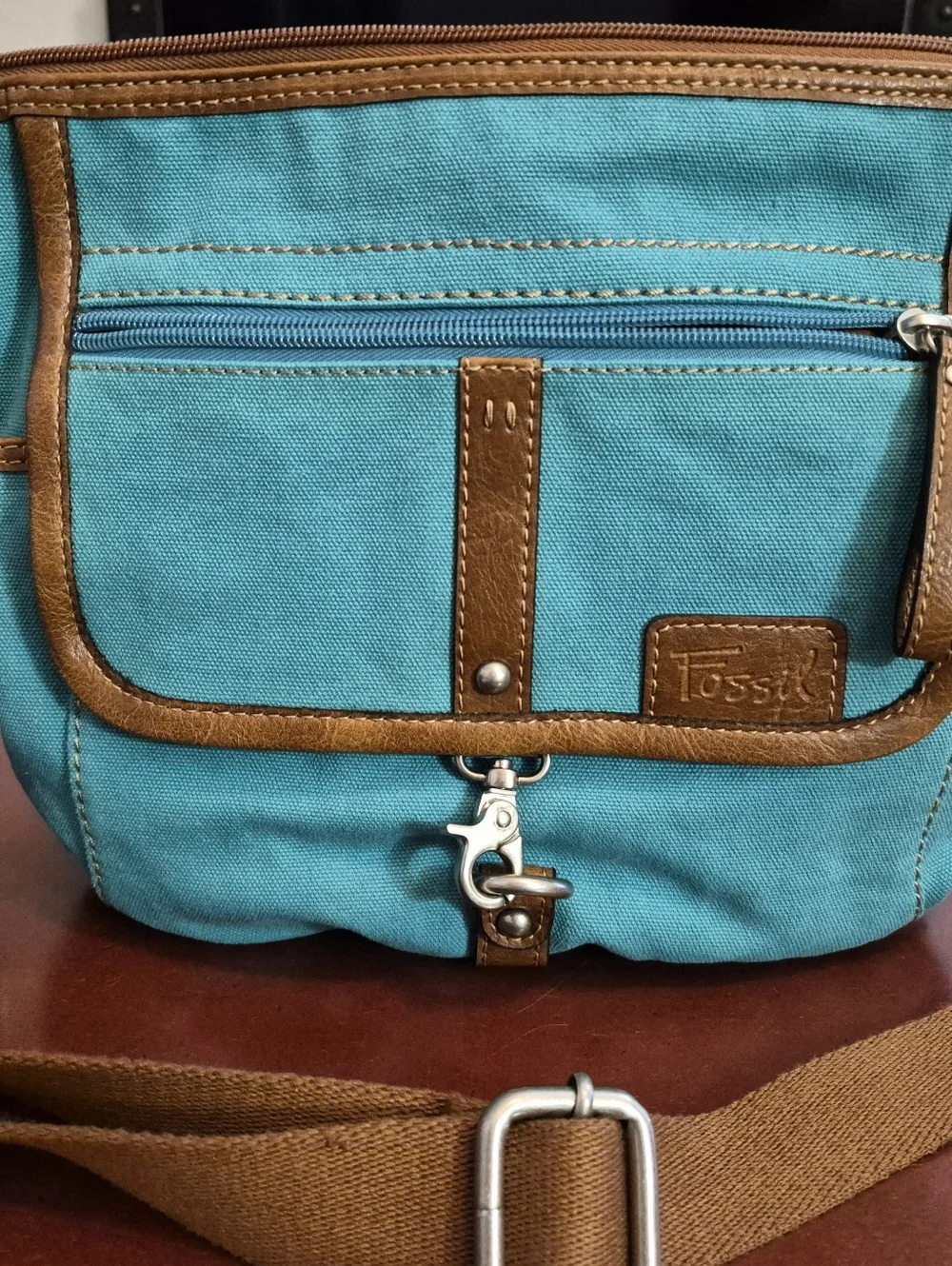 FOSSIL CANVAS AND LEATHER CROSSBODY BAG FROM KEY-PER COLLECTIONS; NWT - Picture 1 of 10
